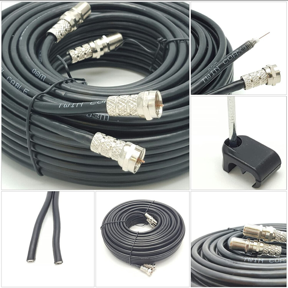 (25 Meter, Black) Viewi Twin Satellite Shotgun Cable Extension Kit with Fitted F Connectors for Sky HD Q and Freesat