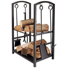 HomeZone Large Fireplace Log Rack with 4 Tools Indoor Outdoor Fireside Firewood Holders Lumber Storage Stacking Black Wrought Iron Logs Bin Holder