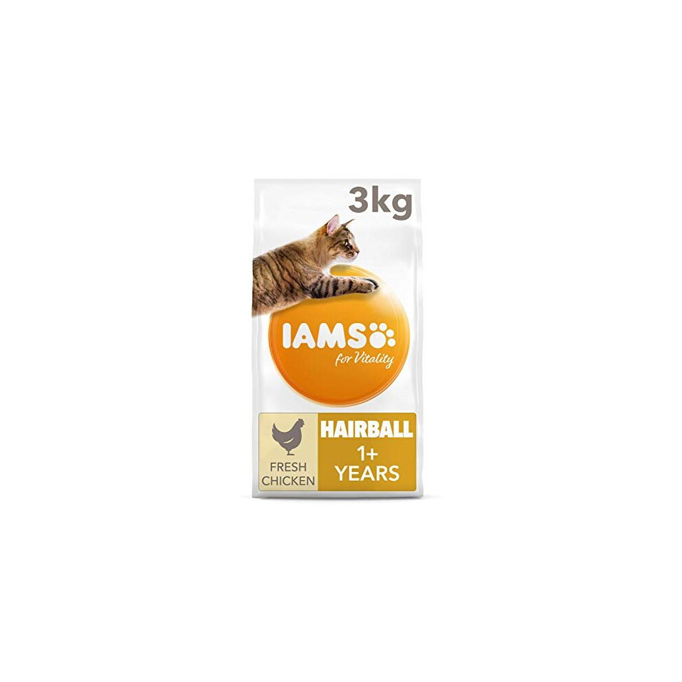 IAMS for Vitality Hairball Reduction Dry Cat Food with Fresh Chicken for Adult and Senior Cats, 3 kg