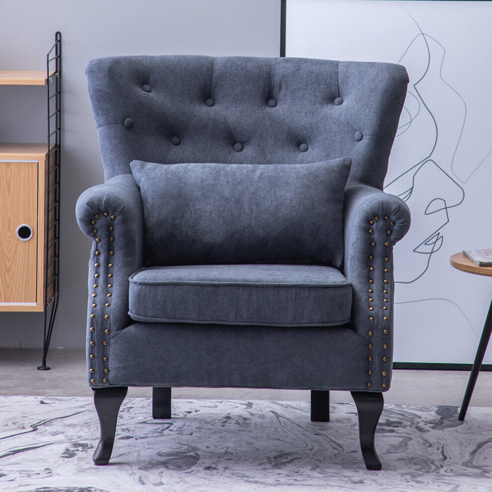 (Dark Grey) Velvet Upholstered Wingback Armchair with Cushion