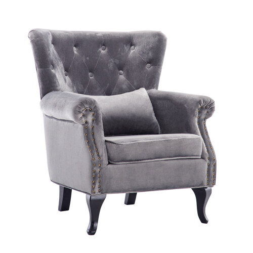 Living And Home (Grey) Velvet Upholstered Wingback Armchair with Cushion 2