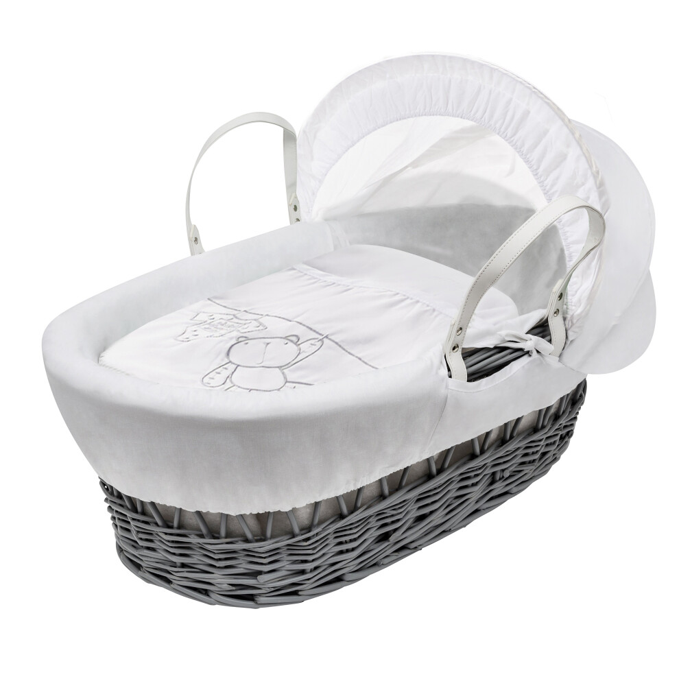 White Teddy Wash Day Grey Wicker Moses Basket With Mattress