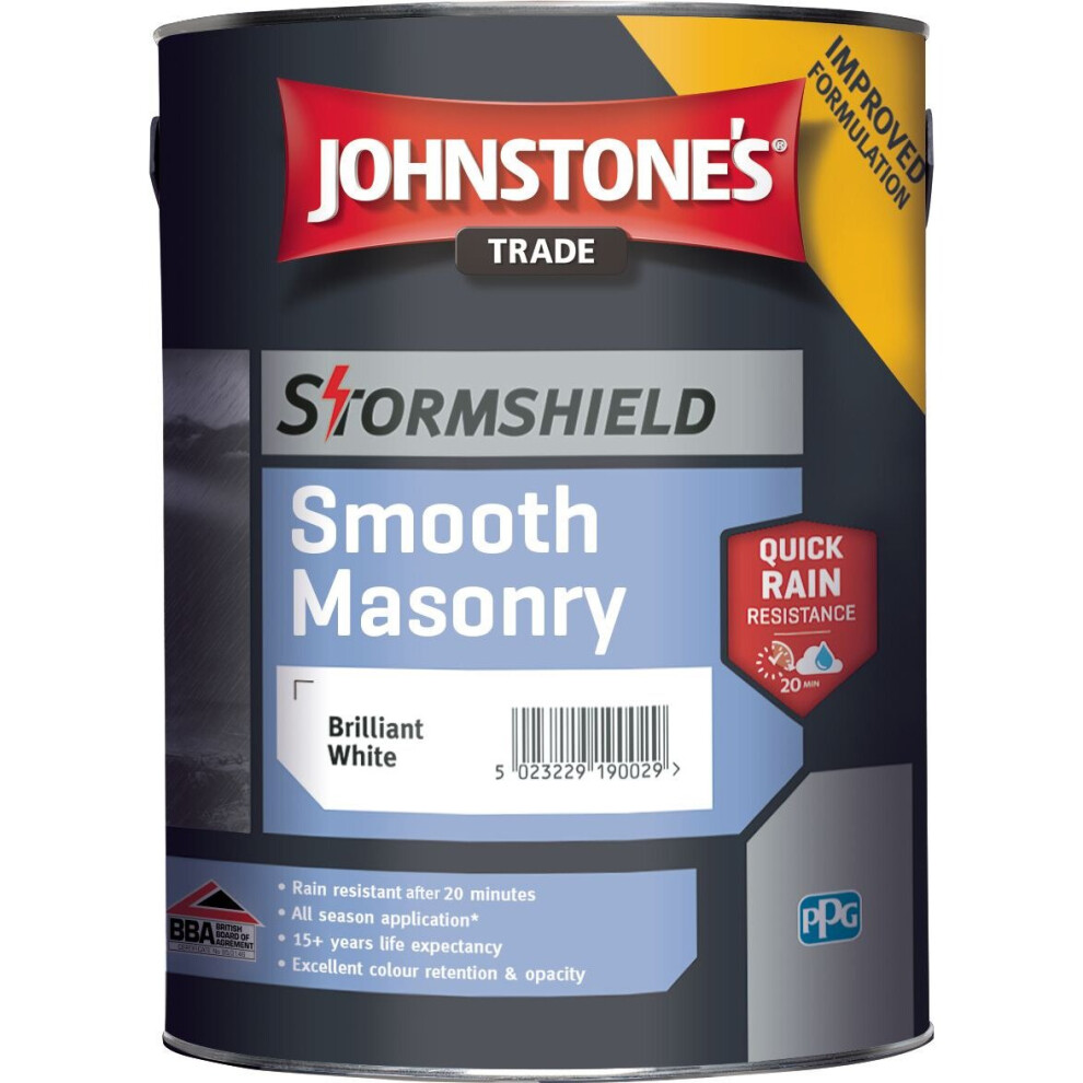 Johnstone's Smooth Masonry Paint Brilliant White with Quick Rain Resistance Technology 5L