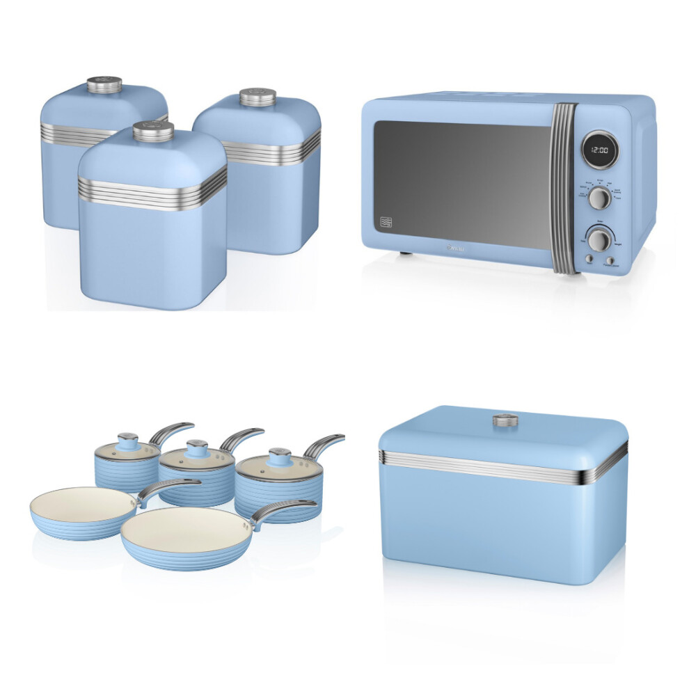 (Blue) Swan Retro 3pce Induction Saucepan Set 16cm/18cm/20cm, 2pce Frying Pan Set 20cm/28cm, 800W 20L Digital Microwave, Bread Bin & Set 3 Storage Can