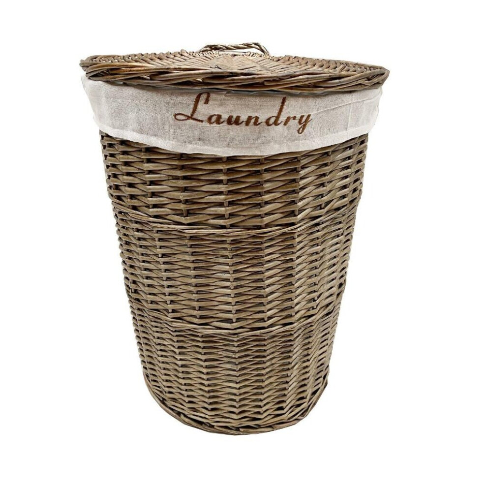 Round Wicker Laundry Basket Bin Cotton Lining Lid Large 59 x 44 cm