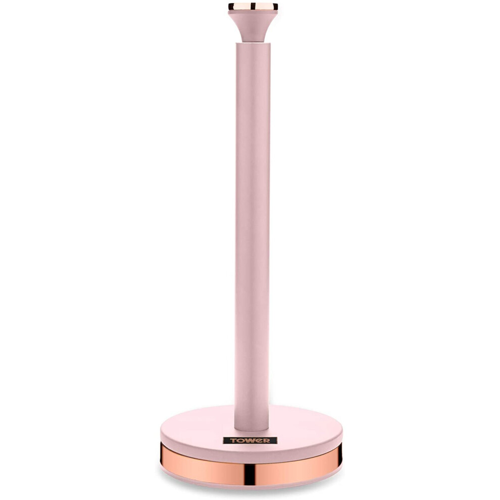 Tower Cavaletto Towel Pole Kitchen Roll Holder with Soft Underliner, Marshmallow Pink and Rose Gold