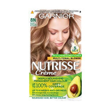 Garnier Nutrisse Brown Hair Dye Permanent, Up to 100 Percent Grey Hair Coverage, with NEW 5 Oils Conditioner - 8N Nude Medium Blonde