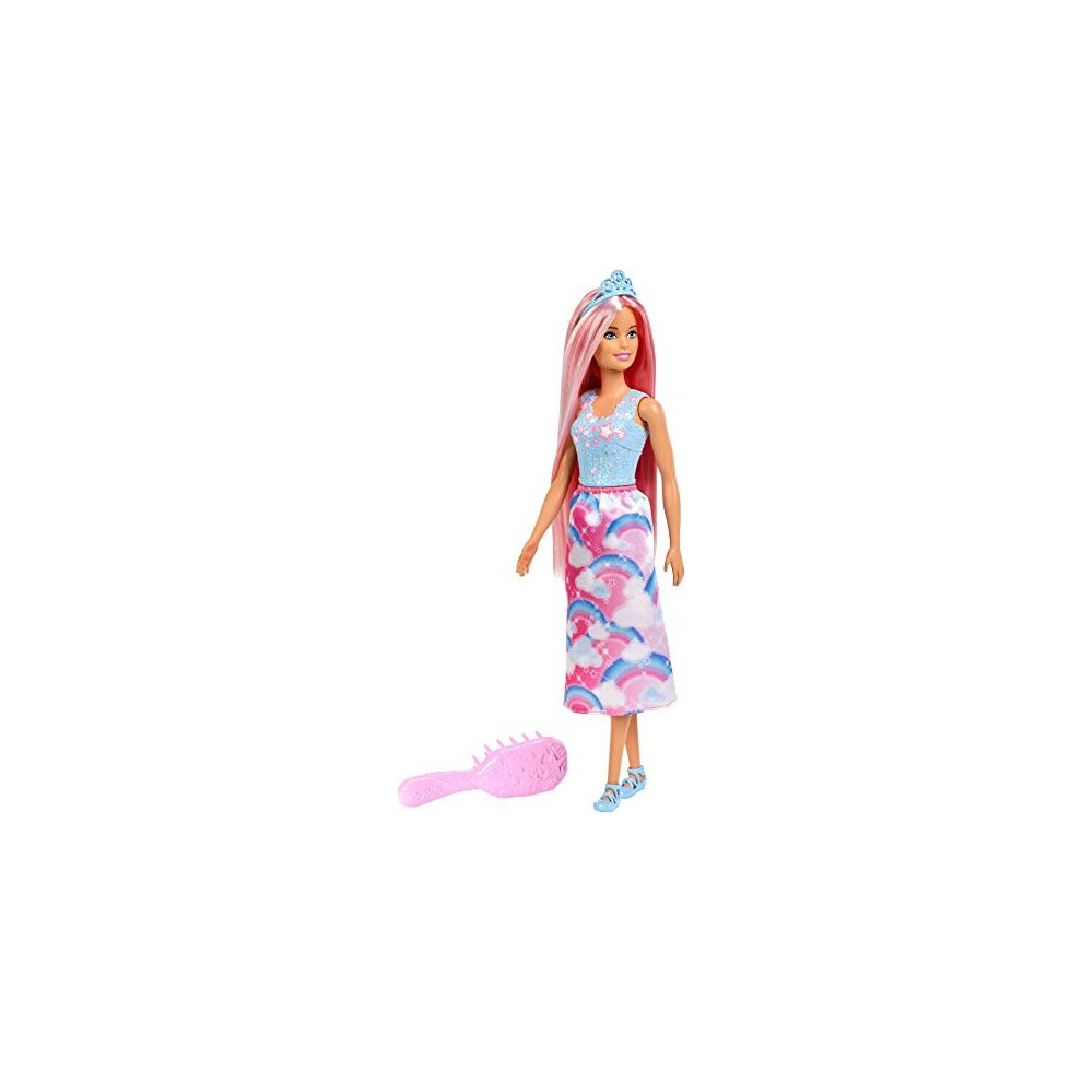 Barbie FXR94 Doll, Rainbow Princess Look, with Extra-Long Pink Hair and Hairbrush, Multicolour