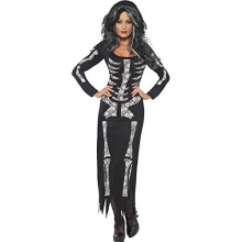 Smiffys Adult Women's Skeleton Costume, Long Sleeved Tube Dress, Legends of Evil, Halloween, Size S, 38873