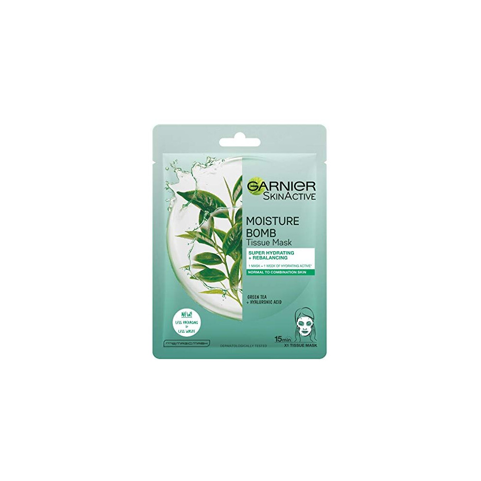 Garnier Moisture Bomb Tissue Mask, Green Tea Hydrating Tissue Face Sheet Mask Combination Skin 32 G
