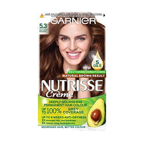 Garnier Nutrisse Permanent Hair Dye 5.3 Golden Brown – Up to 100% Grey Coverage with NEW 5 Oils Conditioner