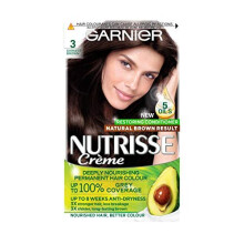 Garnier Nutrisse Dark Brown Hair Dye Permanent, Up to 100 Percent Grey Hair Coverage, with NEW 5 Oils Conditioner - 3.0 Darkest Brown