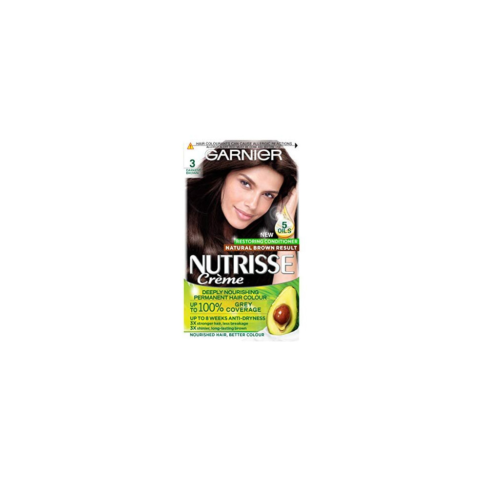 Garnier Nutrisse Dark Brown Hair Dye Permanent, Up To 100 Percent Grey Hair Coverage, With NEW 5 Oils Conditioner - 3.0 Darkest Brown