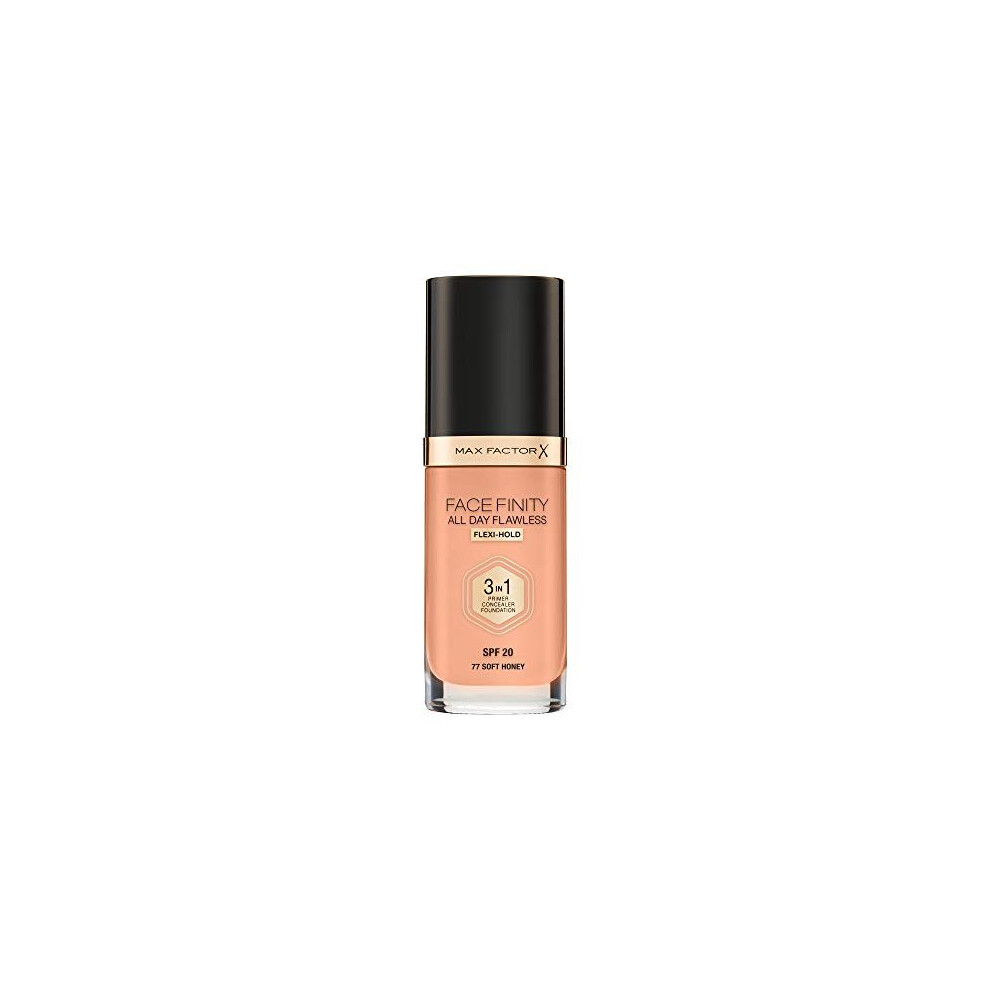 Max Factor Facefinity 3-in-1 All Day Flawless Liquid Foundation, SPF 20 - 77 Soft Honey (Packaging May Vary)