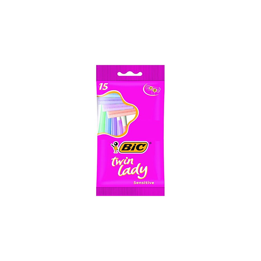 Bic Twin Lady Sensitive Razors, Pack of 15, Disposable Razors with Two Blades for a Close and Precise Shave