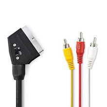 SCART-Kabel | SCART-Stecker | SCART-Stecker | 3x Cinch-Stecker | Vernickelt | Schaltbar | 480p | 1,00 m | Rund | PVC | Schwarz | Plastikbeutel