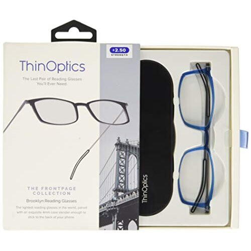 ThinOptics Brooklyn Reading Glasses 2.5 Blue Frames + Milano Magnetic Case - Compact Foldable Reading Glasses 2.50, 0.06 kg