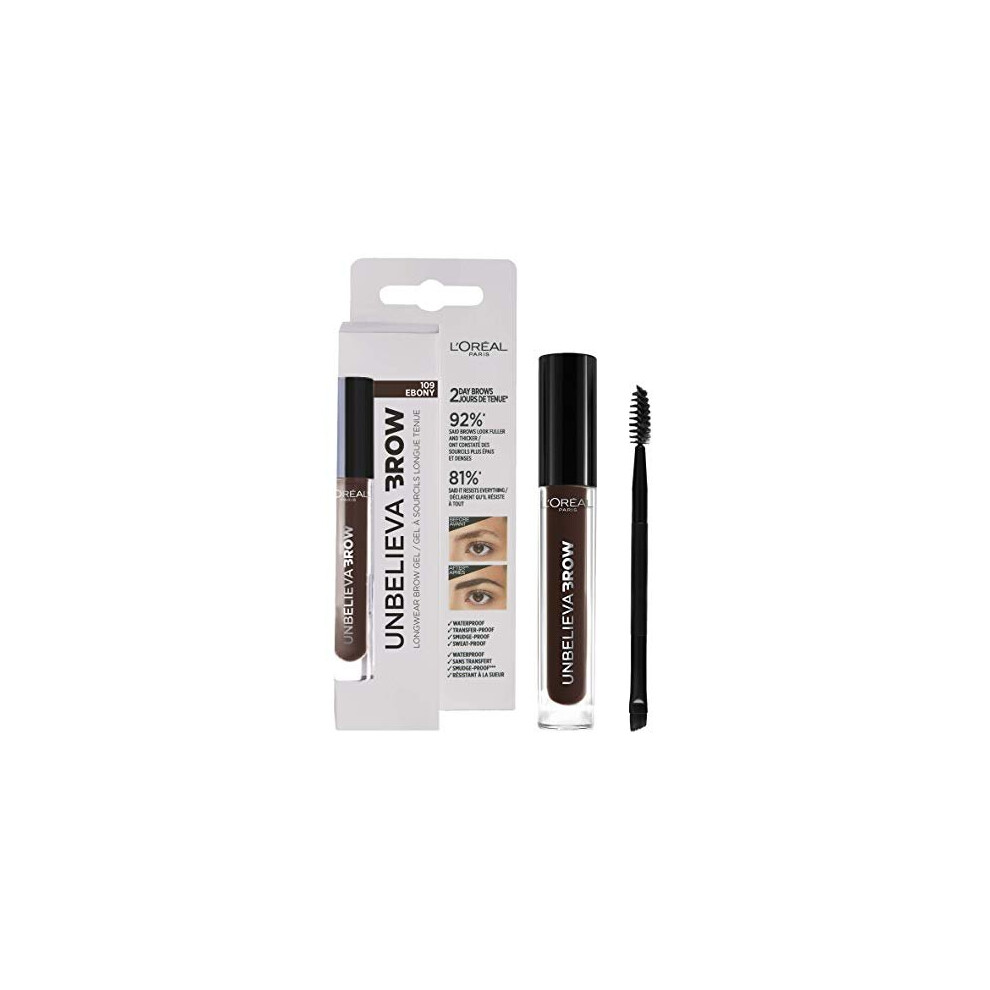 L'Oreal Paris Unbelieva Brow Long-Lasting Brow Gel 109 Ebony , Dark Brown, Smudge-Proof, Transfer-Proof, Waterproof