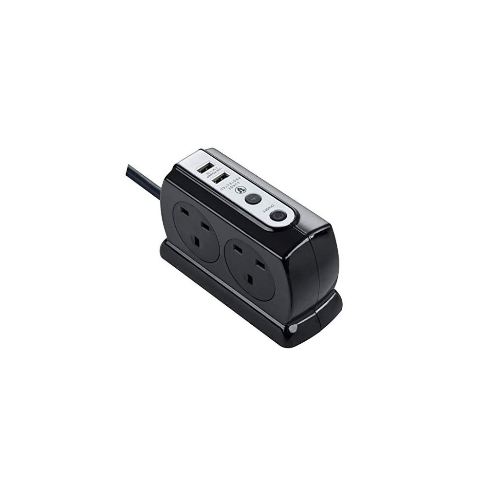 Masterplug Heavy Duty Four Socket Surge Protected Extension Lead with 2 USB Ports, 2 Metre, Black