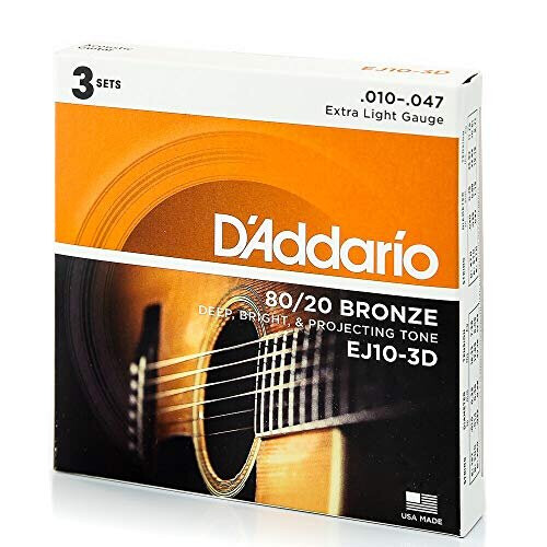 D'Addario Corde per Chitarra Acustica, 80/20 Bronze, EJ10-3D, Extra Light 10-47, Set da 6