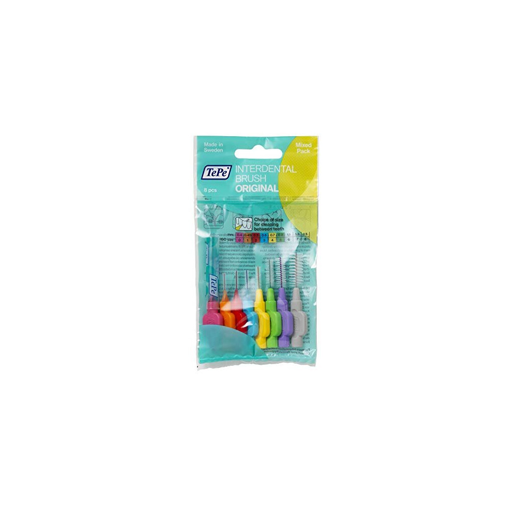 TePe Interdental Brushes Original Mixed Pack with sizes 0.4-1.5mm / Simple and effective cleaning of interdental spaces / 1 x 8 brushes