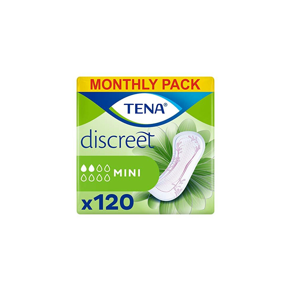 TENA Lady Discreet Mini Towels, for Light Bladder Weakness, Monthly Pack of 120 Incontinence Pads for Women