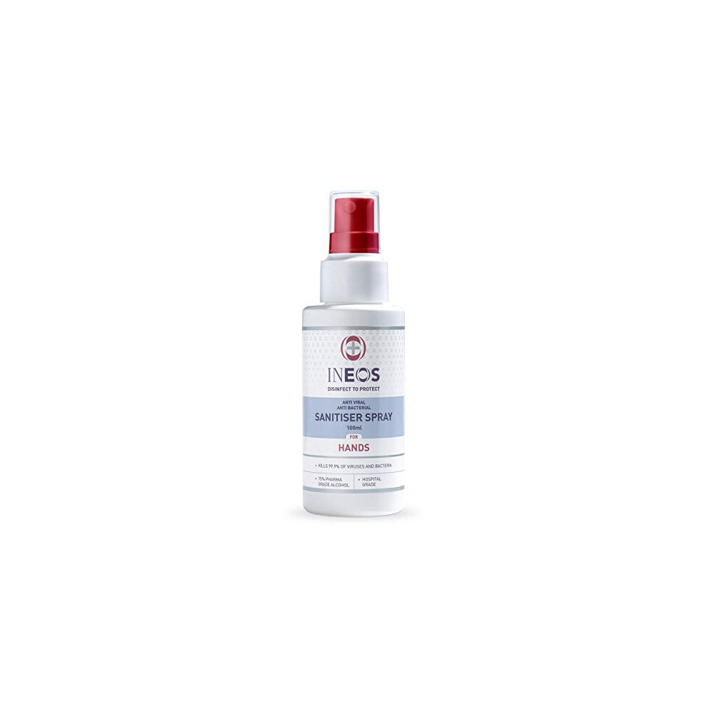 Hospital Grade Sanitiser Spray for Hands (100ml) by INEOS Hygienics . Made with 75% pharma grade alcohol. Kills 99.9% of viruses and bacteria.