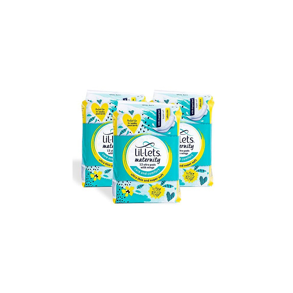 Lil-Lets Maternity Ultra Pads | 36x Ultra Thin Long Pads with Wings | Perfect for 3+ Weeks Post Birth | 3 Packs of 12 Pads