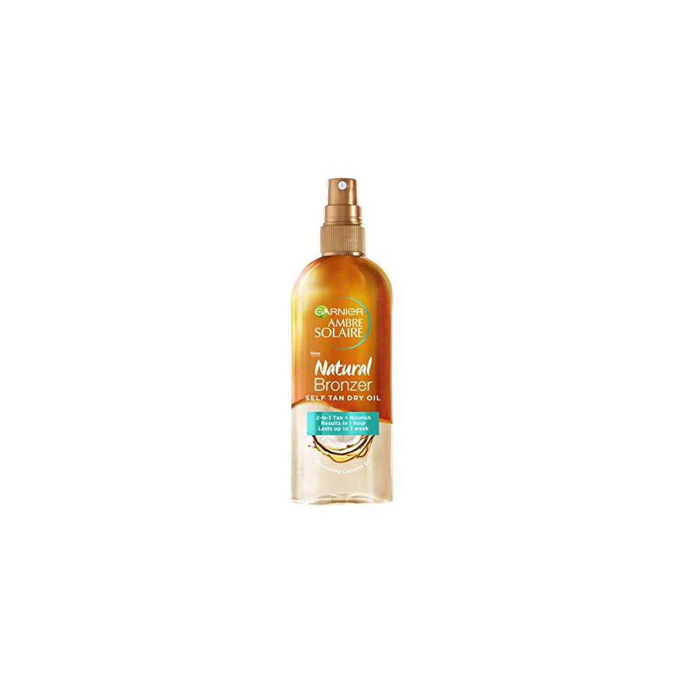 Garnier Ambre Solaire Natural Bronzer Self Tan Dry Oil, Bi-phase Self-Tan Enriched with Coconut Oil for Luminous & Hydrated Tanned Skin 150 ml