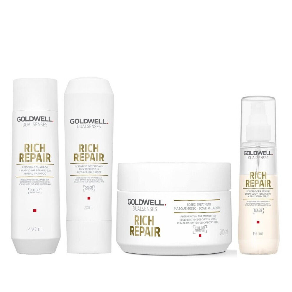 Goldwell Dualsenses Rich Repair Shampoo 250ml, Conditioner 200ml, 60sec Treatment 200ml, Serum Spray 150ml