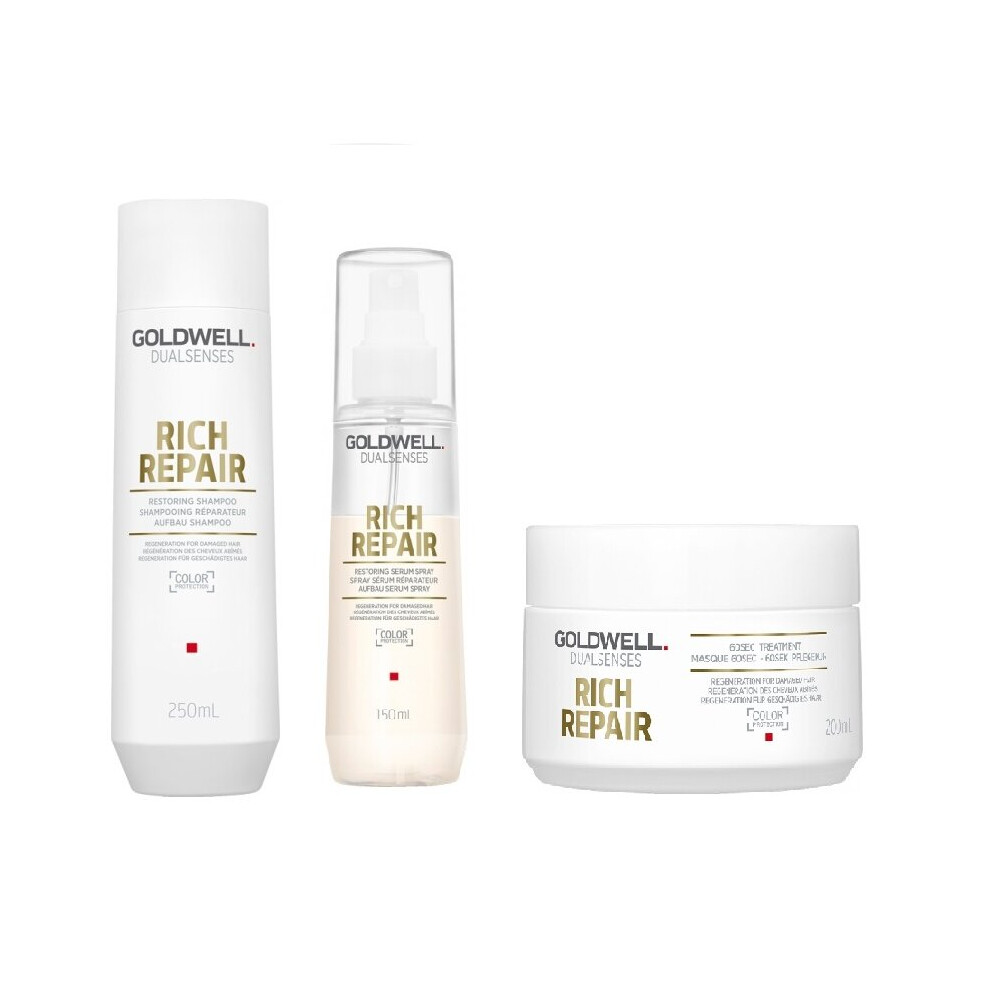 Goldwell Dualsenses Rich Repair Shampoo 250ml, 60sec Treatment 200ml and Serum Spray 150ml