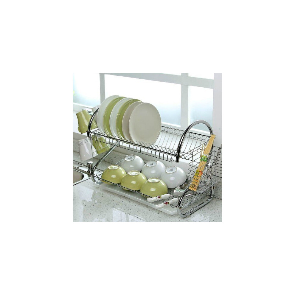 2 Tier Chrome Plate Dish Cutlery Cup Drainer Rack Drip Tray Plates Holder Uk Dis