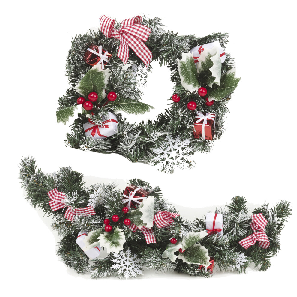 (Red Nordic Set) 2 Piece Wreath and Garland Set