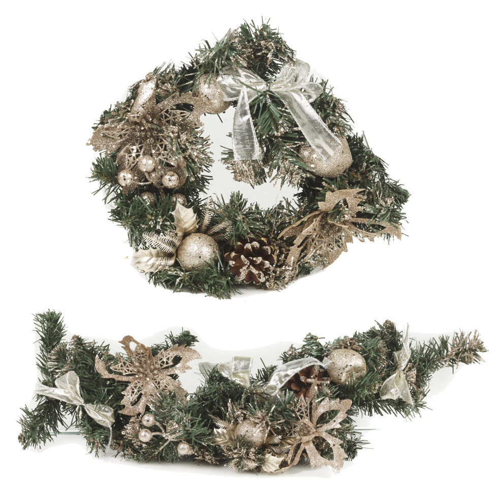 (Gold Glitter Set) 2 Piece Wreath and Garland Set