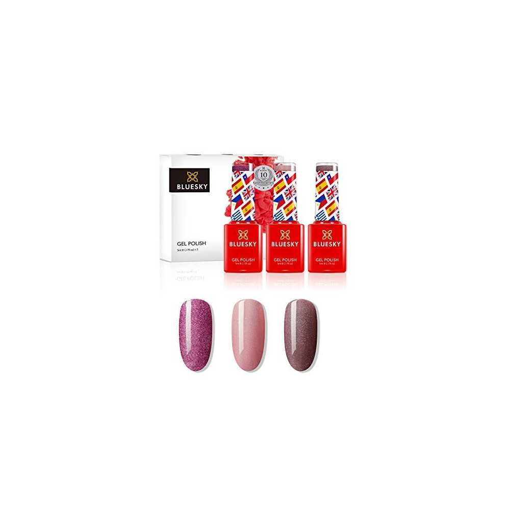 Bluesky Gel Nail Polish Set, 10 Year Anniversary Collection - Set 2. 3 x 5ml. Pink, Mauve, Nude, Pastel, Fine Glitter (Requires curing under UV/LED La