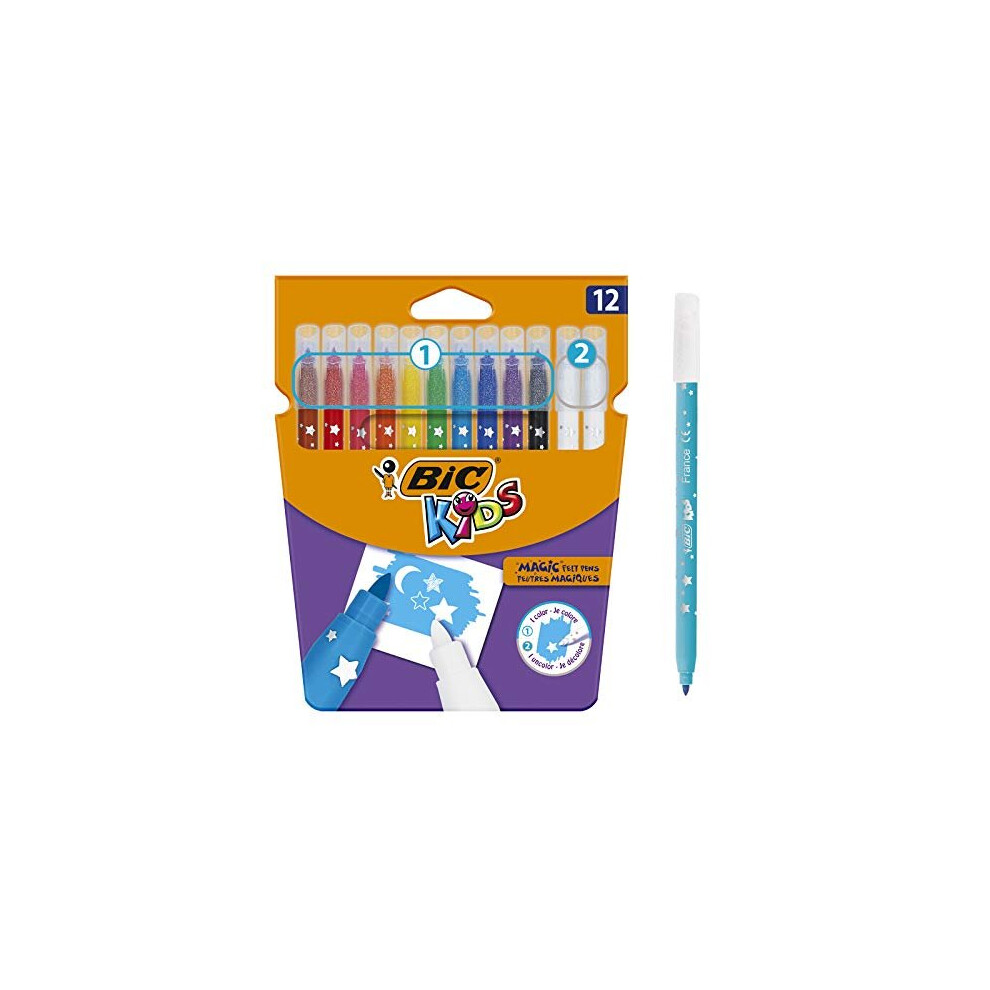 BIC Kids Magic Felt Pens - Assorted Colours - Pack of 12 (10 Coloured Markers and 2 Erasers) with Medium Point