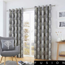 Fusion - Woodland Trees - 100% Cotton Pair of Eyelet Curtains - 90" Width x 72" Drop (229 x 183cm) in Charcoal