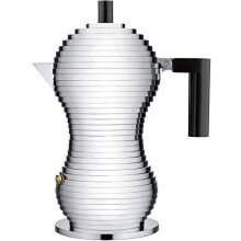 Alessi Pulcina Espresso coffee maker in cast aluminium. Handle and knob in PA, black, 3 Cups