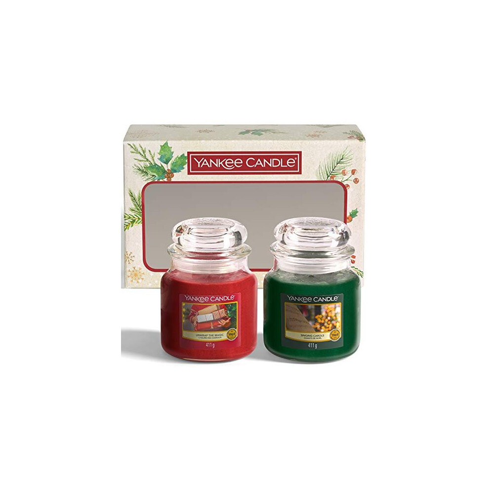 Yankee Candle Gift Set | 2 Medium Jar Christmas Scented Candles | Singing Carols and Unwrap the Magic Fragrances | Magical Christmas Morning Collectio