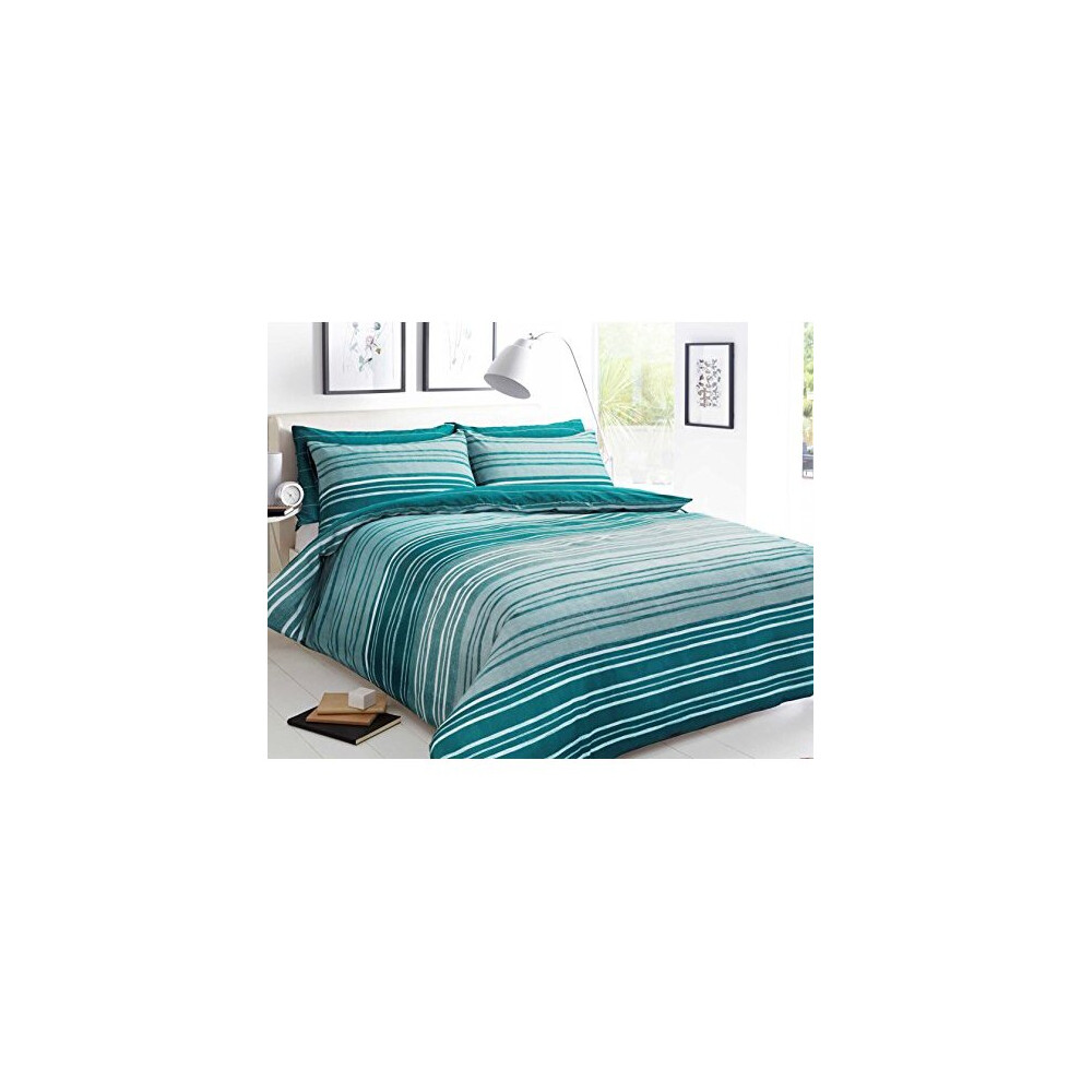 Sleepdown Textured Stripe Teal Soft Duvet Cover Quilt Bedding Set With Pillowcases - Double (200cm x 200cm)