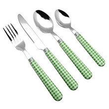 EXZACT Cutlery Set 24pcs Stainless Steel with Gingham Check Coloured Handles - 6 x Forks, 6 x Dinner Knives, 6 x Table Spoons, 6 x Tea Spoons (Green x