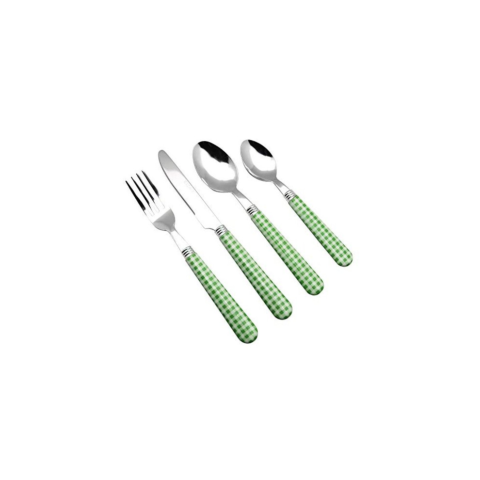 EXZACT Cutlery Set 24pcs Stainless Steel with Gingham Check Coloured Handles - 6 x Forks, 6 x Dinner Knives, 6 x Table Spoons, 6 x Tea Spoons (Green x