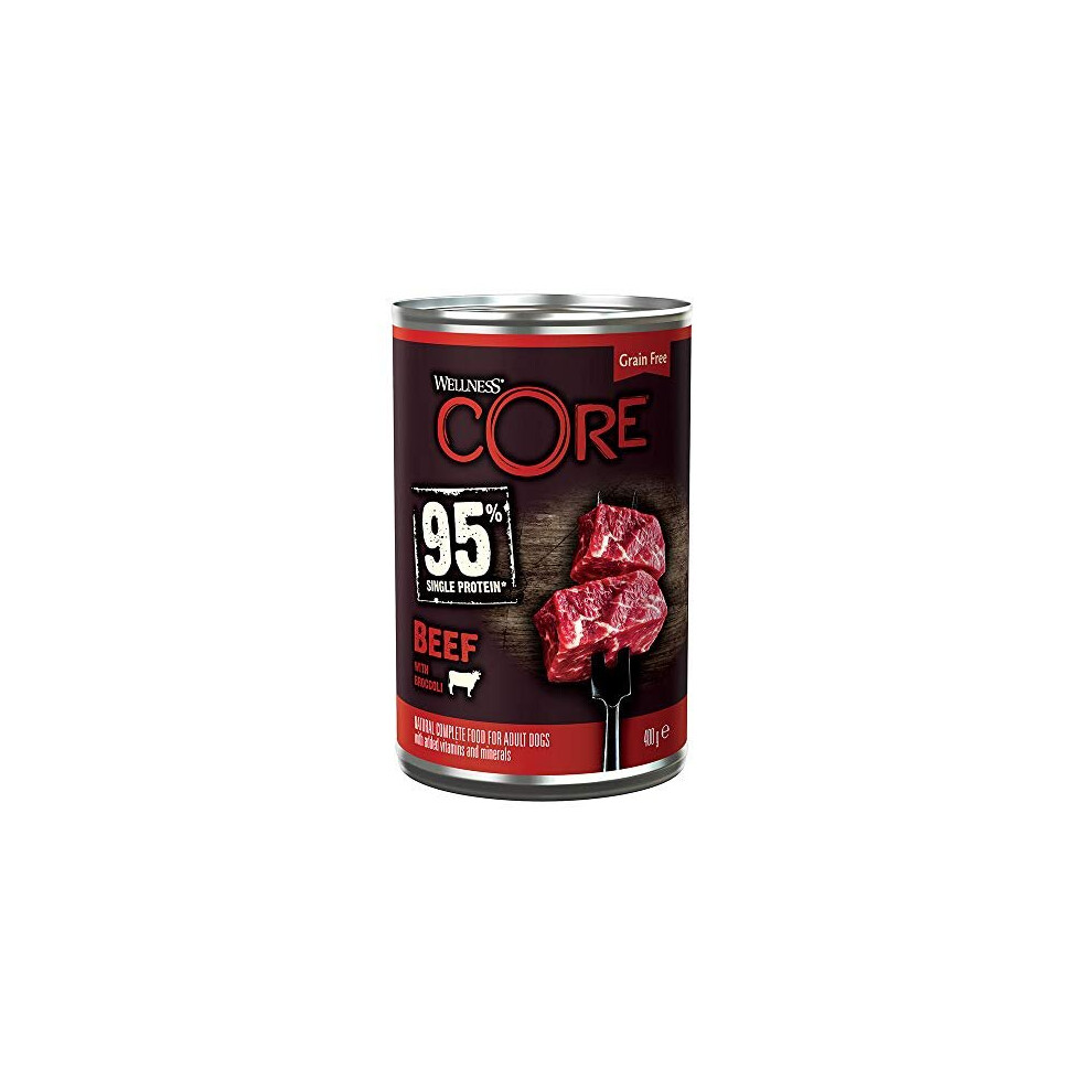 Wellness CORE 95 Percent, Dog Food Wet Grain Free, Beef with Broccoli- 6 x 400 g Cans