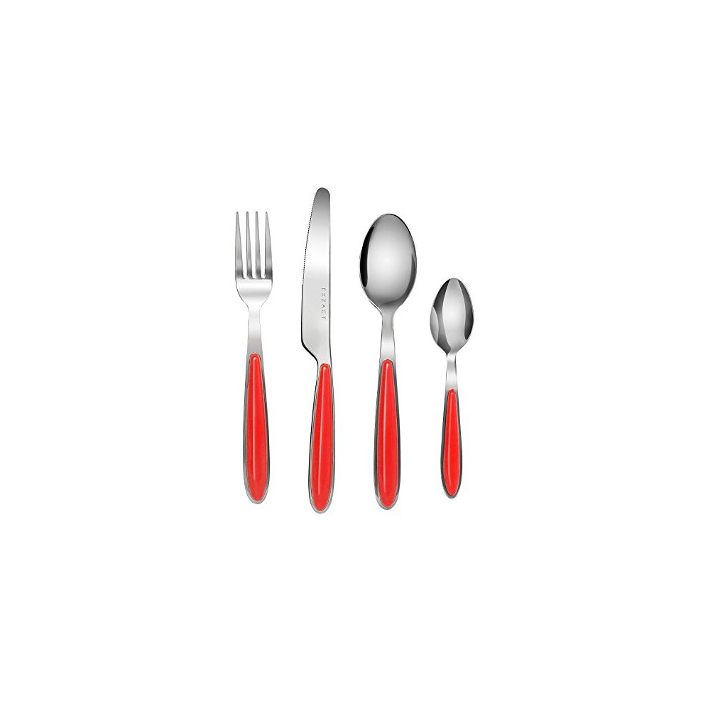 EXZACT Cutlery Set of 24, Stainless Steel with Color Handles - 6 Forks, 6 Dinner Knives, 6 Dinner Spoons, 6 Teaspoons - EX07 (Red x 24)