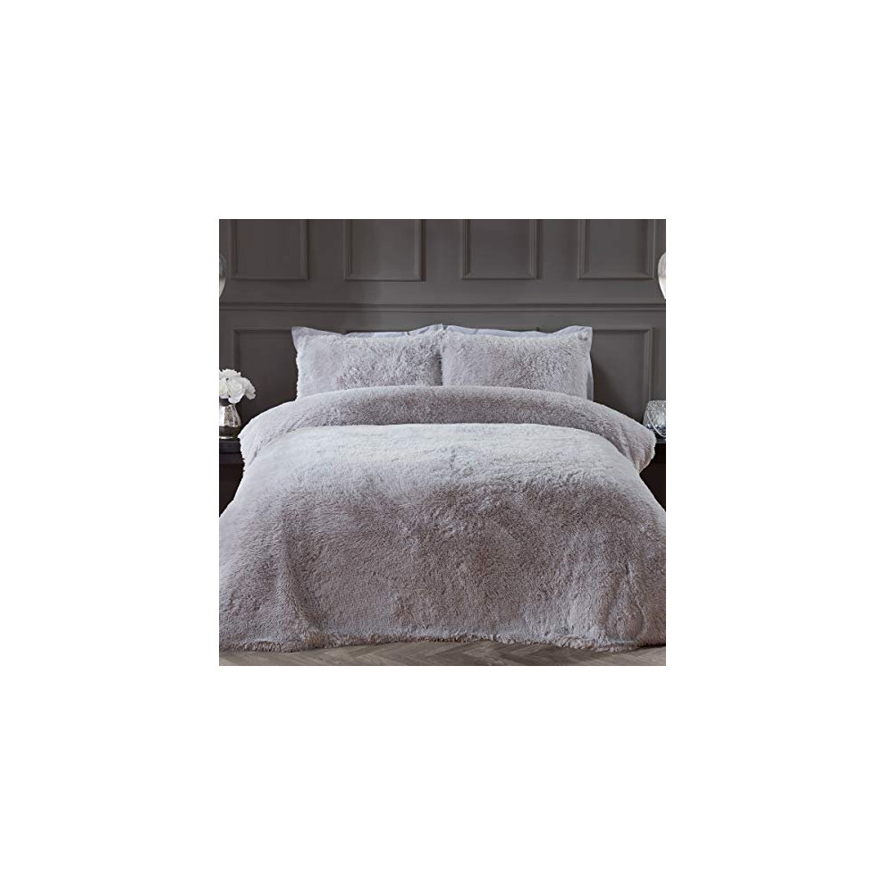 Sleepdown Fleece Long Pile Faux Fur Silver Super Soft Easy Care Duvet Cover Quilt Bedding Set with Pillowcase - Single (135cm x 200cm)