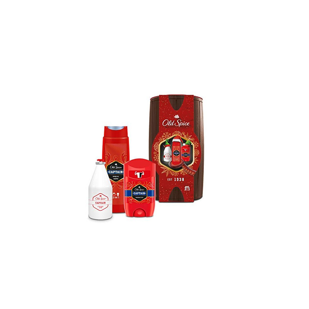 Old Spice Barrel Captain Grooming Tin Men Gift Set Christmas, with 2 in 1 Shower Gel/Shampoo, Deodorant Stick and After Shave Lotion