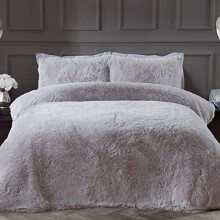 Sleepdown Fleece Long Pile Faux Fur Silver Super Soft Easy Care Duvet Cover Quilt Bedding Set with Pillowcases - King (220cm x 230cm)