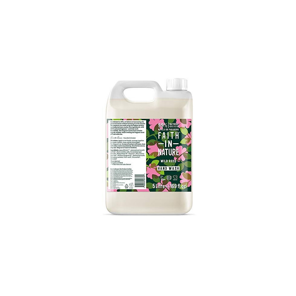 FAITH IN NATURE Natural Wild Rose Hand Wash, Restoring, Vegan & Cruelty Free, Parabens and SLS Free, Refill Pack, 5 L 5000011215401