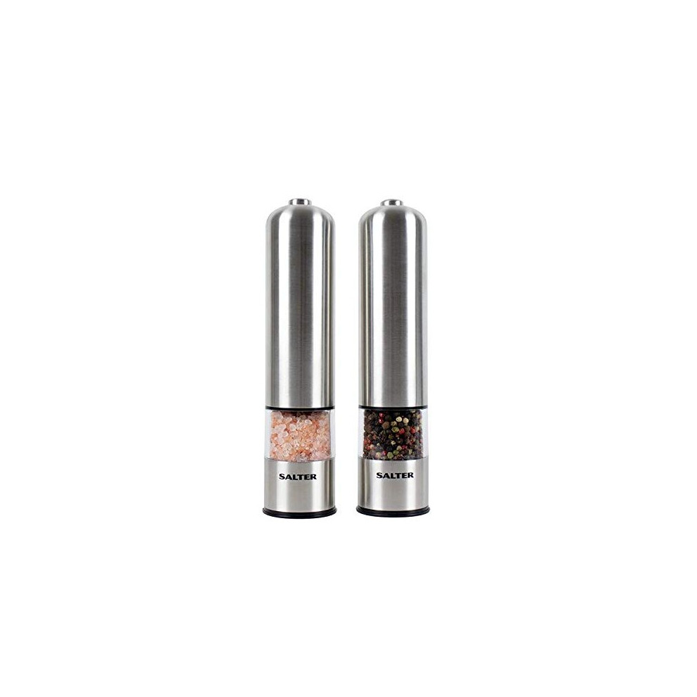 Salter Electric Salt and Pepper Mill Grinder Set Ã¢ÃÃ Brushed Stainless Steel Finish, Ceramic Mechanism Great for Himalayan / Rock Salt, Pepper, Dr