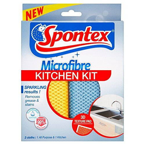 Spontex Microfibre Kitchen Kit (2 Cloths), Removes 99% of Bacteria